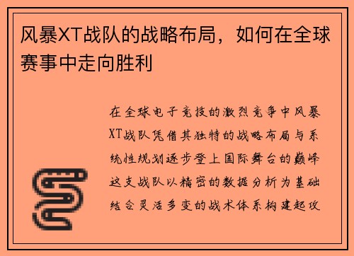 风暴XT战队的战略布局，如何在全球赛事中走向胜利